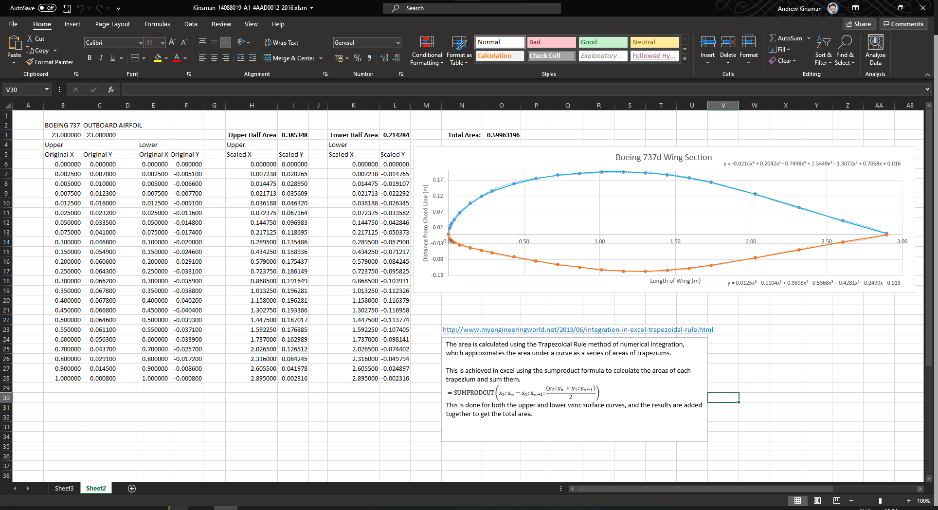 Aerodynamic wing section in Microsoft Excel