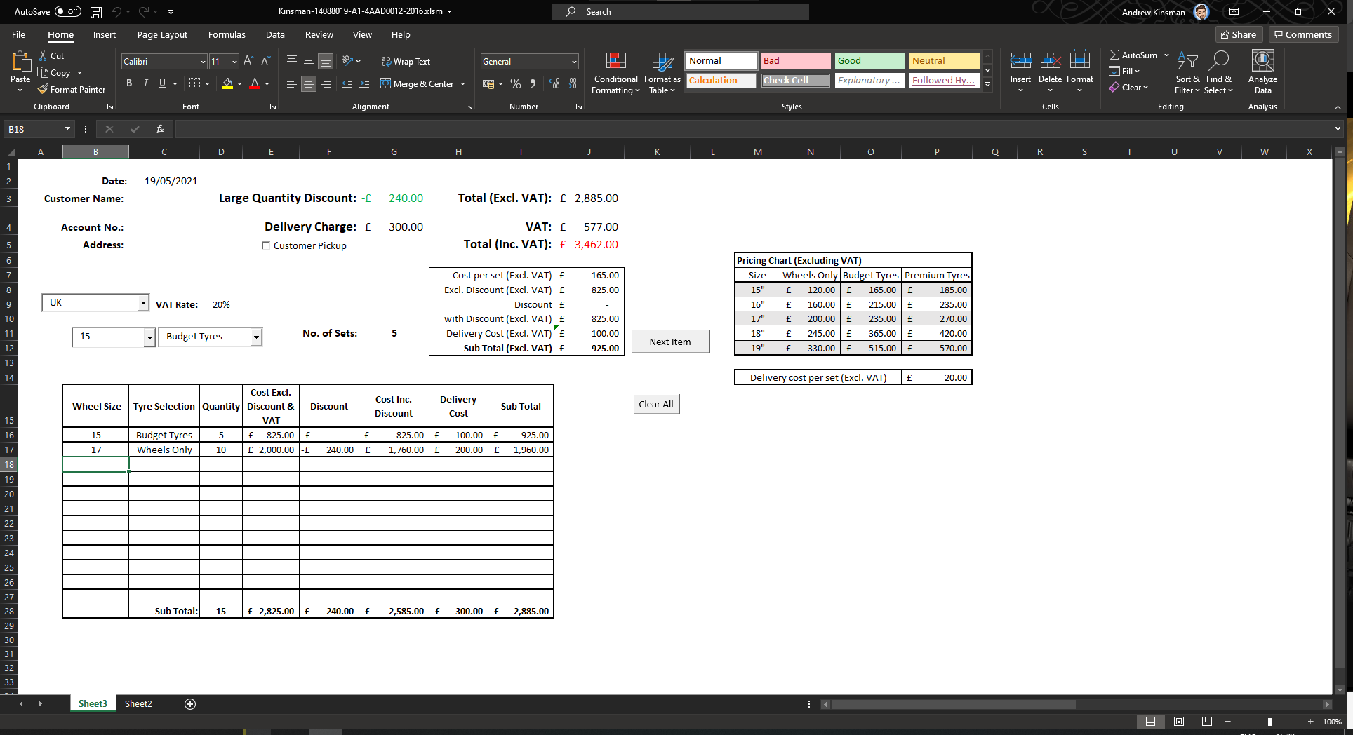 Tyre sales spreadsheet in Microsoft Excel